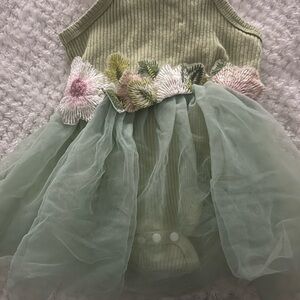 Green Floral Knit Dress with Tulle Skirt